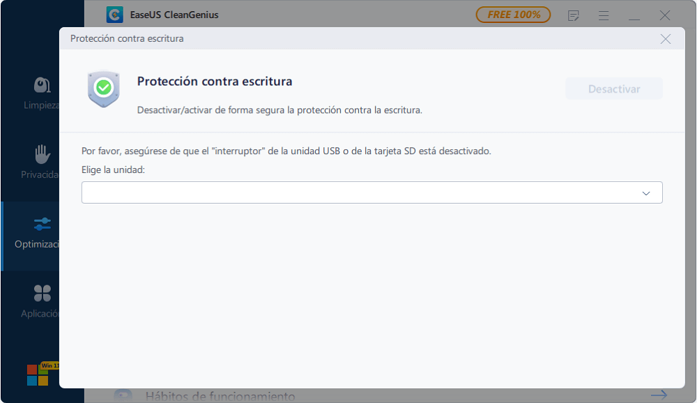 Desactiva la protección contra escritura de los dispositivos de almacenamiento.