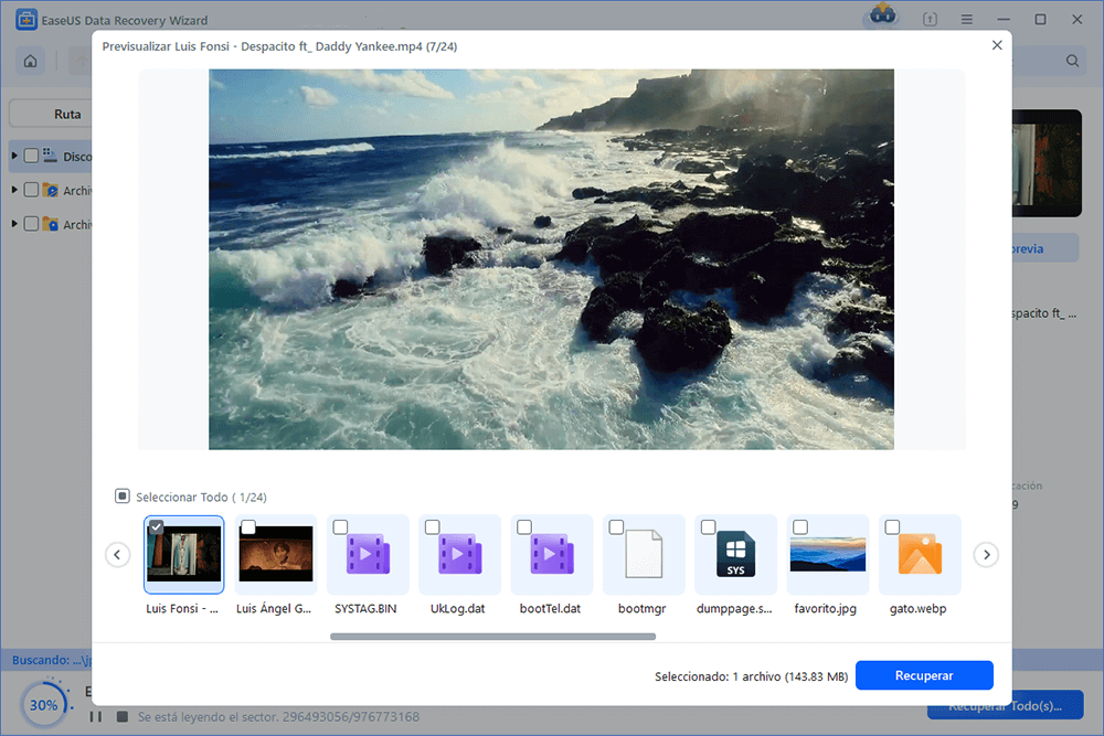 Previsualizar y recuperar los archivos encontrados de la tarjeta SD con EaseUS Data Recovery Wizard.