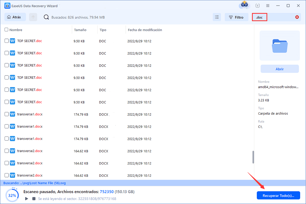 Previsualizar y recuperar los documentos de word encontrados con EaseUS Data Recovery Wizard.