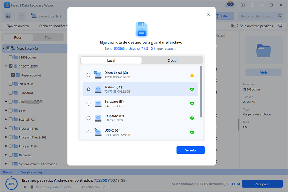 Previsualizar y recuperar la carpeta perdida con EaseUS Data Recovery Wizard.