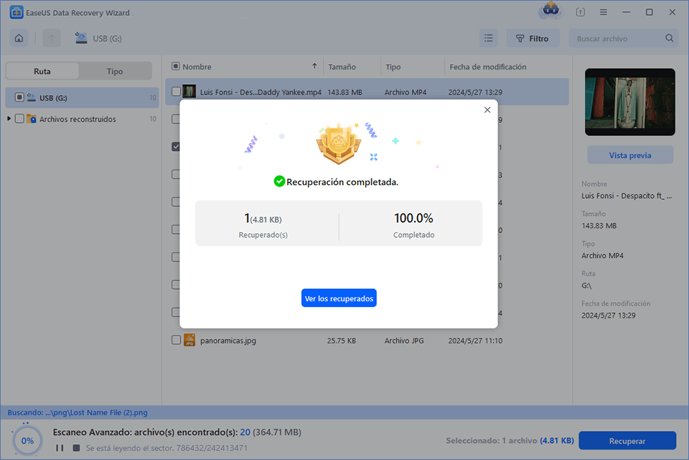 Previsualizar y recuperar los archivos encontrados del disco duro externo con EaseUS Data Recovery Wizard.
