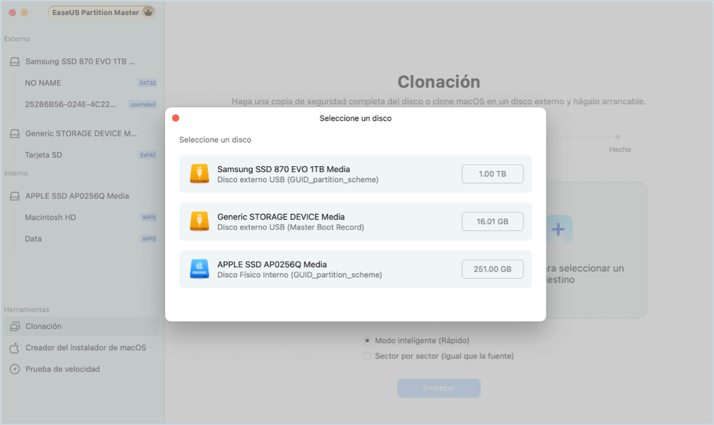 seleccionar un disco de destino