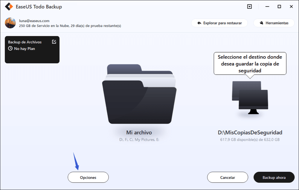 opciones de backup de archivos