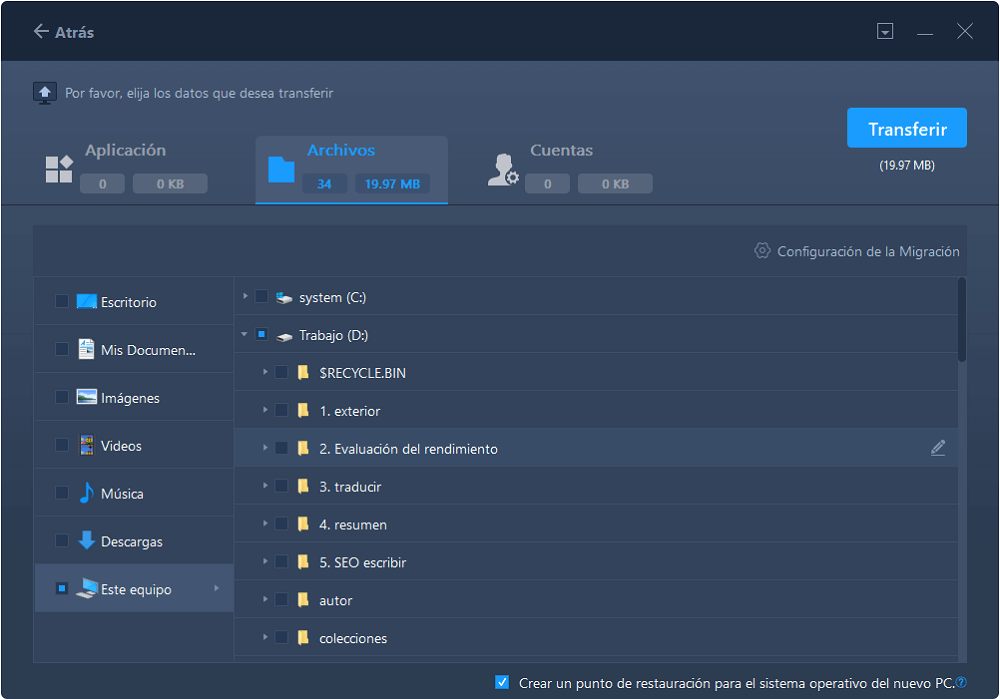 seleccionar aplicaciones, archivos o cuentas